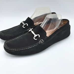 Clarks Men's Black Suede Driving Loafer with Silver Tone Horse Bit Detail.